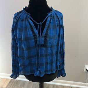 Free People Blue and Black Ruffled Tie Front Blouse with crochet detail M